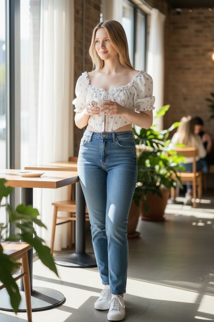 L.A. Hearts Floral Puff Sleeve‎ Corset Crop Top XS White Blue Linen Blend
